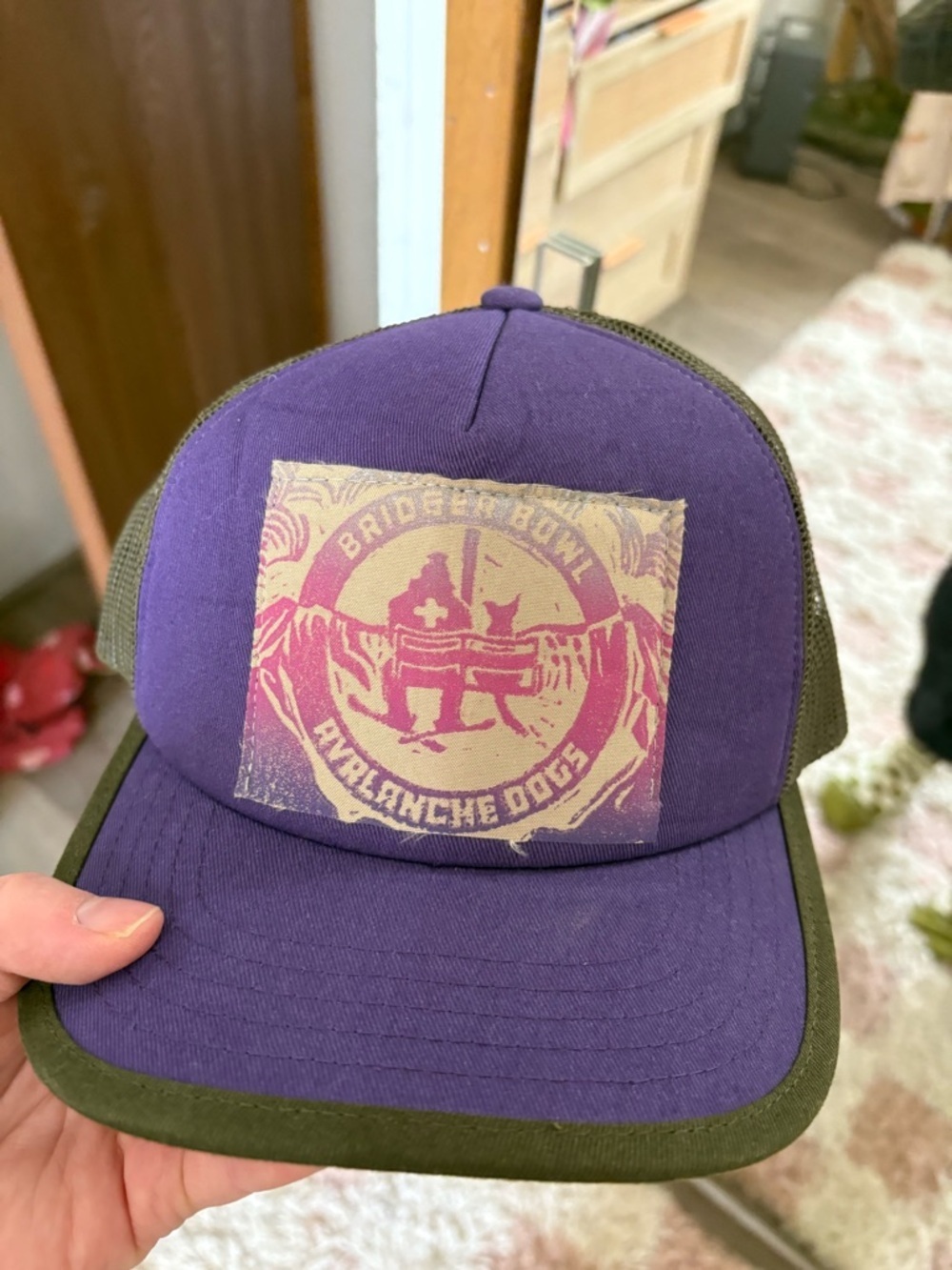 Bridgerbowl Purple and Olive Trucker Hat with Avalanche Dogs Graphic 🎿
